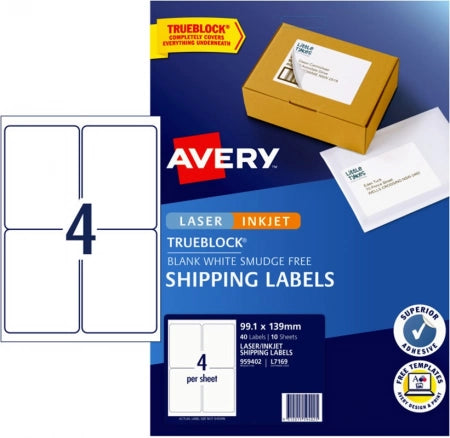 4UP AVERY L7169 Internet shipping labels 99.1 x 139 mm 40 Labels/10 Sheets