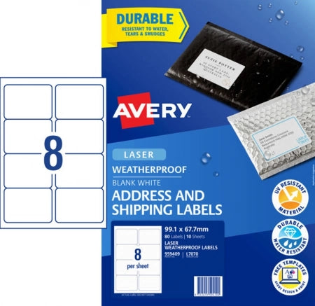 8UP AVERY Weatherproof Shipping Labels 99.1 x 67.7 mm 80 Labels/10 Sheets L7070