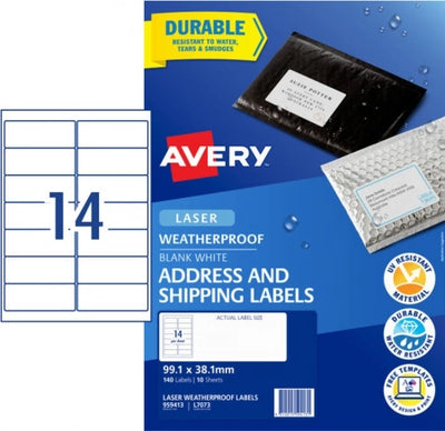 14UP AVERY L7073 Weatherproof address labels 99.1 x 38 mm 140 Labels/10 Sheets