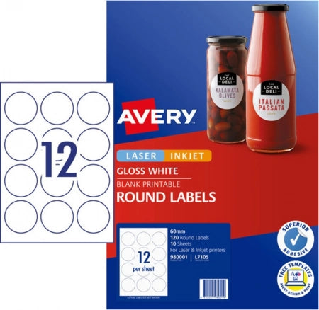 12UP AVERY L7105 Glossy Round Labels 60 mm 120 Labels/10 Sheets