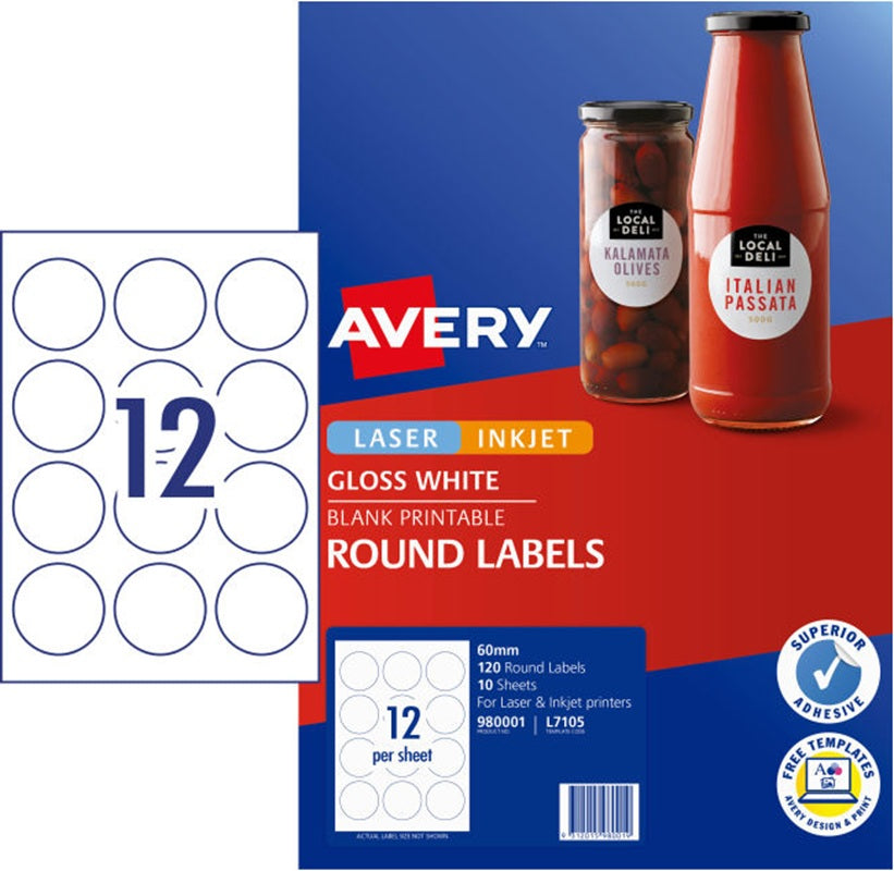 12UP AVERY L7105 Glossy Round Labels 60 mm 120 Labels/10 Sheet