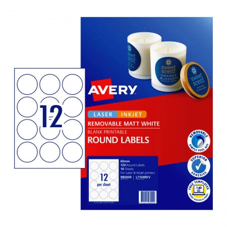 12UP AVERY L7104REV Matt round labels à 60 mm 120 Labels/10 Sheets