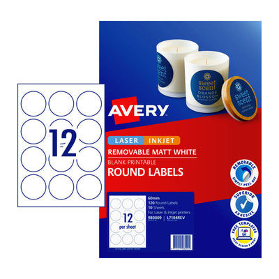 12UP AVERY L7104REV Matt round labels O 60 mm 120 Labels/10 Sheet