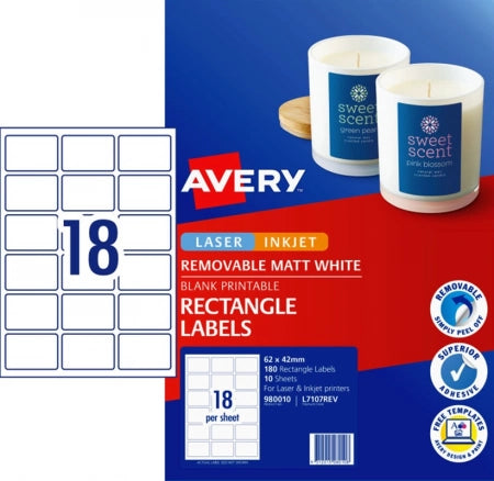 18UP AVERY Matt Rectangle Labels 62 x 42 mm 180 Labels/10 Sheets L7107REV