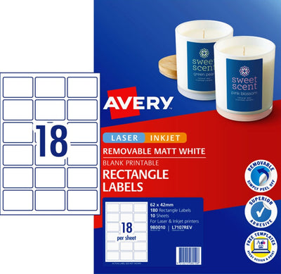 18UP AVERY Matt Rectangle Labels 62 x 42 mm 180 Labels/10 Sheets L7107REV