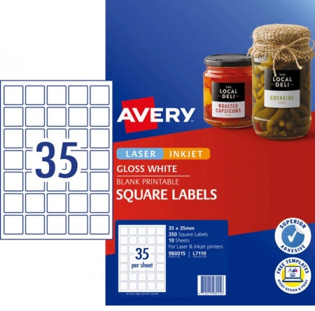 35UP AVERY L7119 Glossy Square Labels 35mm x 35mm 350 Labels/10 Sheets