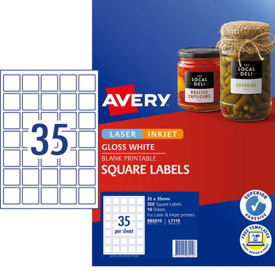 35UP AVERY L7119 Glossy Square Labels 35mm x 35mm 350 Labels/10 Sheet