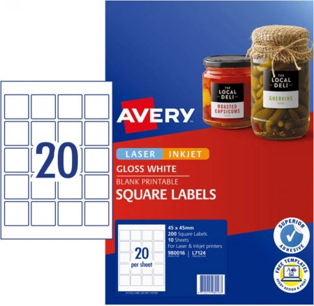 20UP AVERY L7124 Glossy square labels 45 x 45 mm 200 Labels/10 Sheets