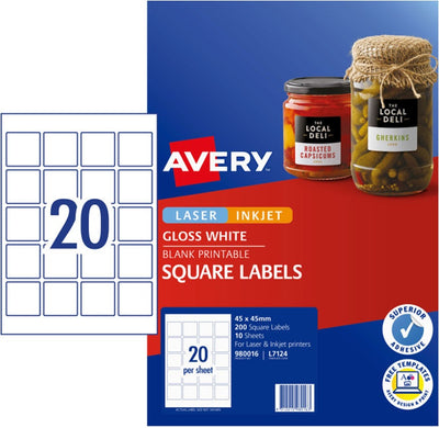 20UP AVERY L7124 Glossy square labels 45 x 45 mm 200 Labels/10 Sheet