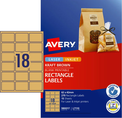 18UP AVERY Kraft Brown Rectangle labels 62 x 42 mm 270 Labels/15 Sheets L7110