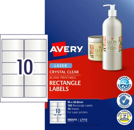 10UP AVERY L7113 Crystal Clear Rectangle Labels 96 x 50.8 mm 100 Labels/10 Sheets