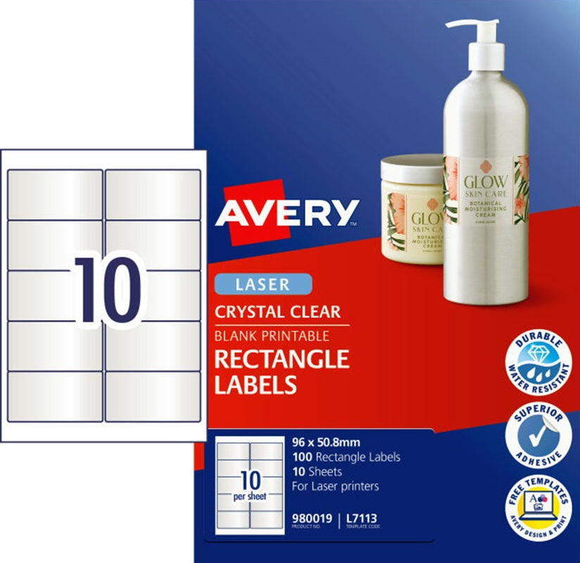 10UP AVERY L7113 Crystal Clear Rectangle Labels 96 x 50.8 mm 100 Labels/10 Sheet