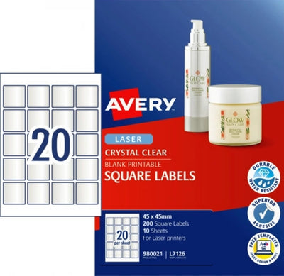 20UP AVERY L7126 Crystal Clear Square Labels 45 x 45 mm 200 Labels/10 Sheets