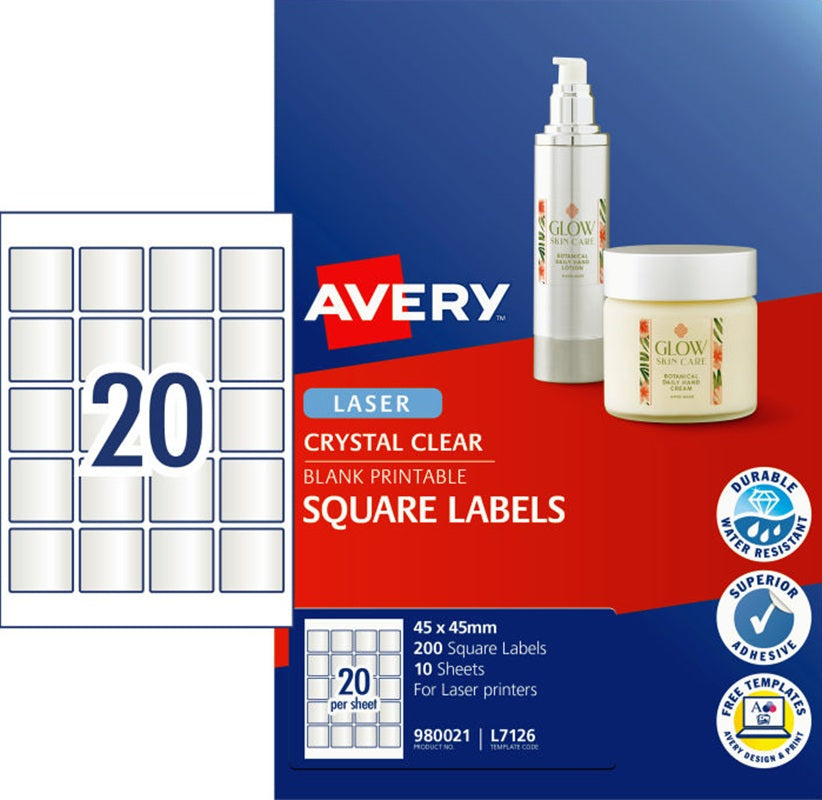 20UP AVERY L7126 Crystal Clear Square Labels 45 x 45 mm 200 Labels/10 Sheet