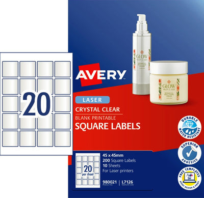 20UP AVERY L7126 Crystal Clear Square Labels 45 x 45 mm 200 Labels/10 Sheet