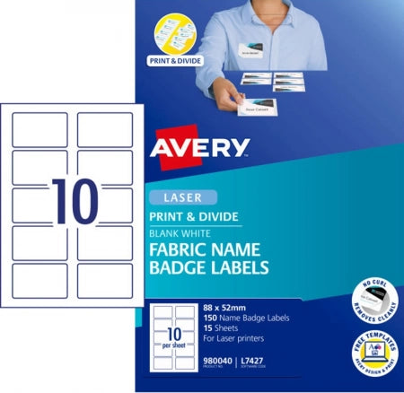 10UP AVERY L7427 Fabric Print & Divide Name Badges Labels 88 x 52 mm 150 Badges/15 Sheets