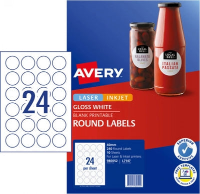 24UP AVERY L7147 Glossy round labels 40 mm 240 Labels/10 Sheets