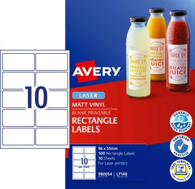 10UP AVERY L7148 Durable Rectangle Labels 51 x 96 mm 100 Labels/10 Sheets