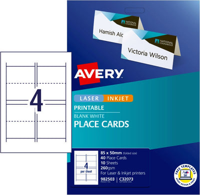 4UP AVERY C32073 Folded placecards 85 x 50 mm 40 Cards/10 Sheet