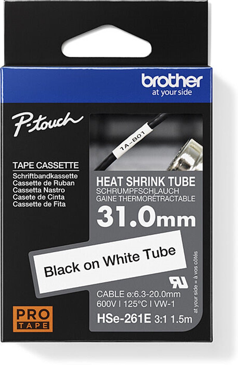 Brother HSE-261E Heat Shrink Tube Labelling Tape Black on White 31mm x 1.5