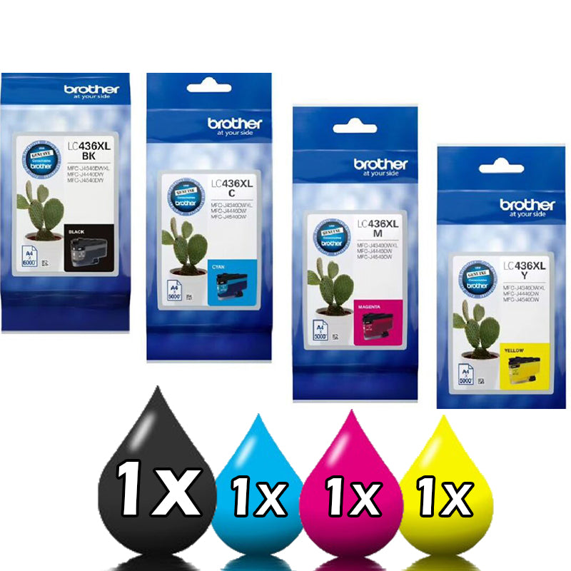 Genuine 4 Pack Brother LC-436XL High Capacity Ink Cartridges 1BK, 1C, 1M, 1Y