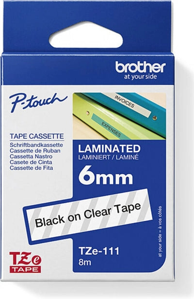 Brother TZe-111 Labelling Tape Black On Clear 6mm x 8m
