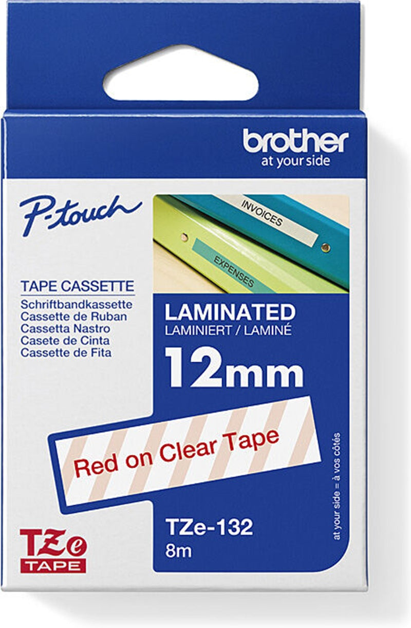 Brother TZe-132 Labelling Tape Red On Clear 12mm x 8