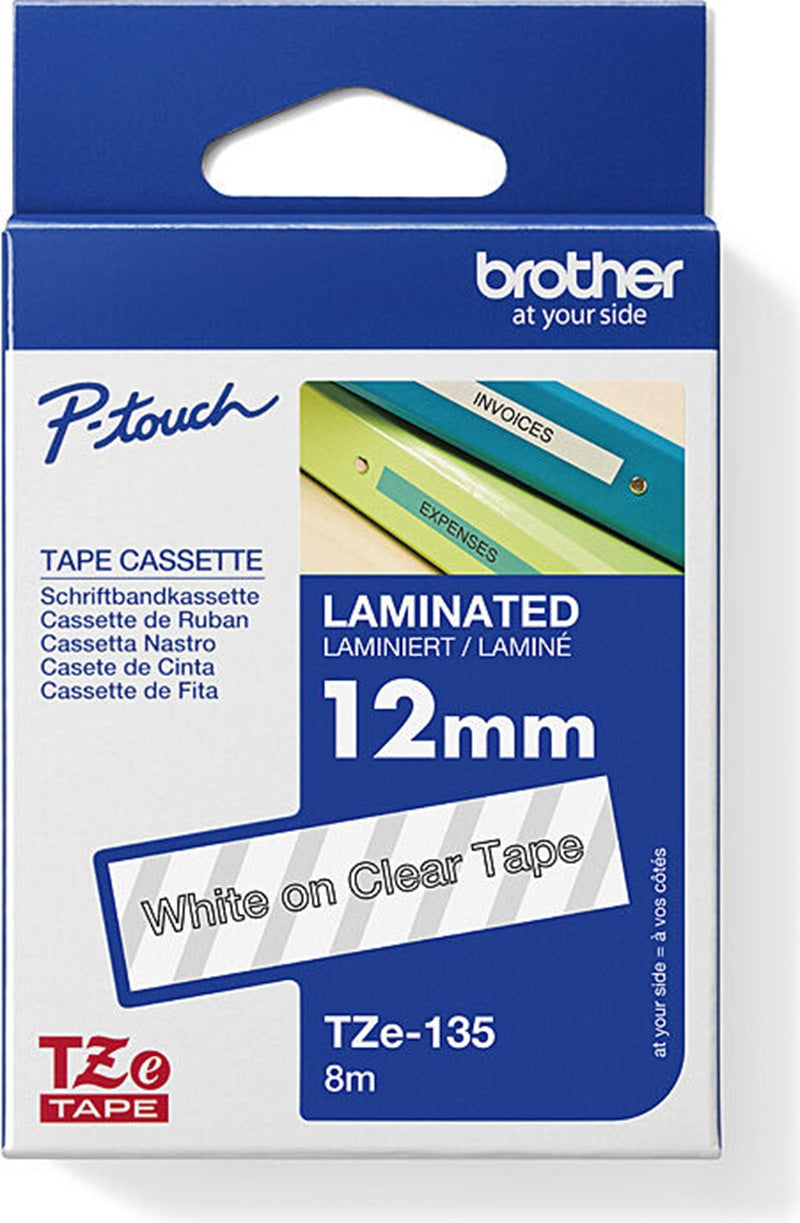 Brother TZe-135 Labelling Tape White on Clear 12mm x 8