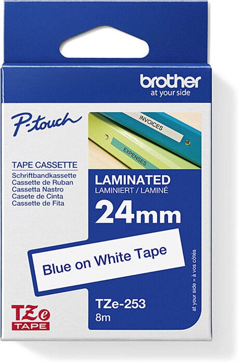 Brother TZe-253 Labelling Tape Blue Text On White 24mm x 8