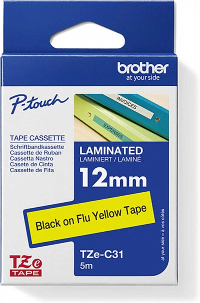 Brother TZe-C31 Fluro Labelling Tape Black on Yellow 12mm x 5m