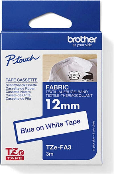 Brother TZe-FA3 Iron On Fabric Labelling Tape Blue on White 12mm x 3m
