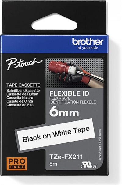 Brother TZe-FX211 Flexible ID Tape Black on White 6mm x 8m