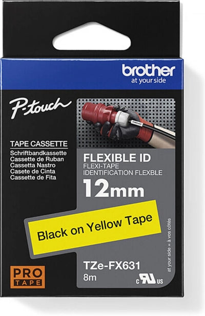 Brother TZe-FX631 Flexible ID Labelling Tape Black on Yellow 12mm x 8m