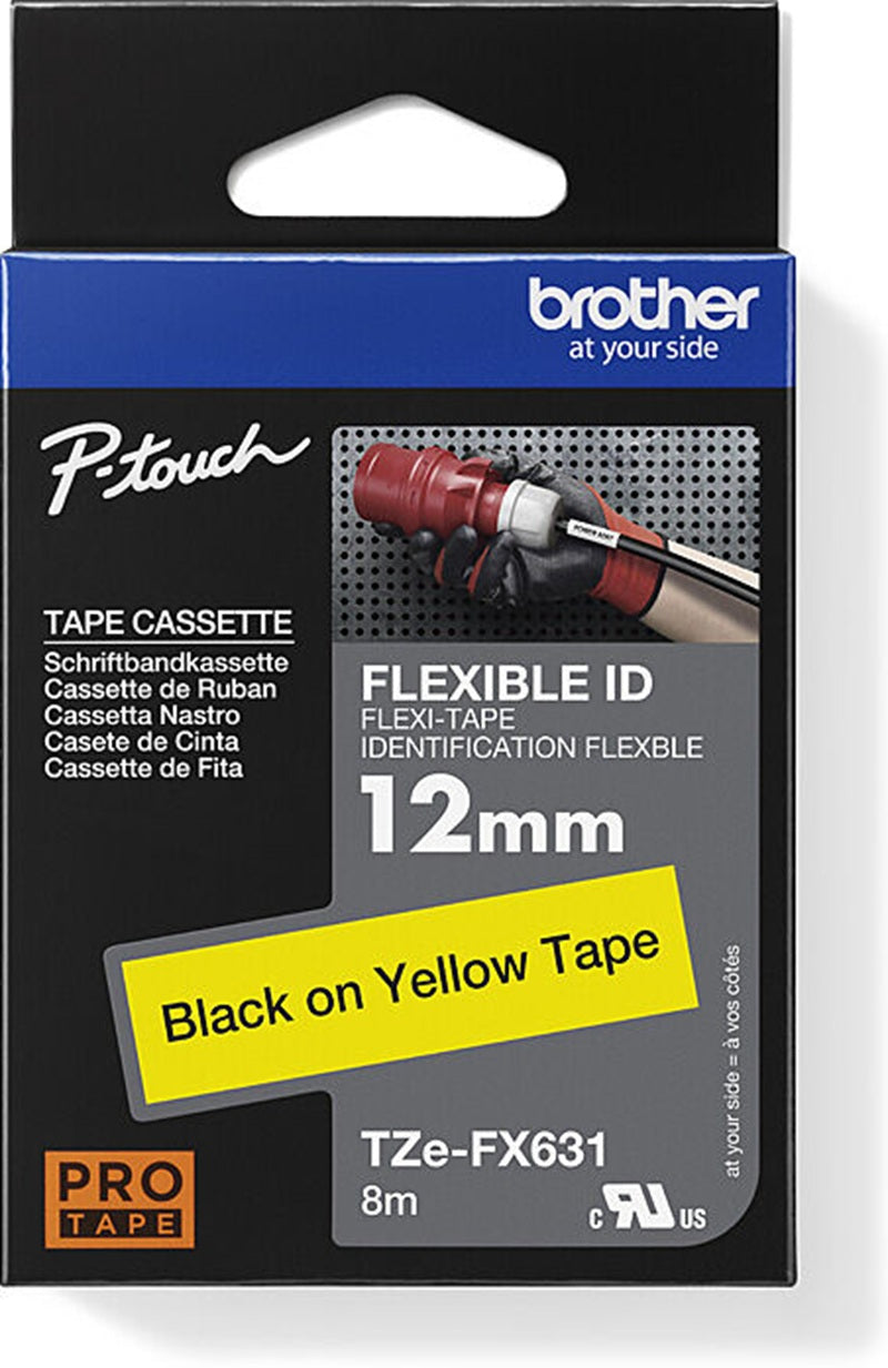Brother TZe-FX631 Flexible ID Labelling Tape Black on Yellow 12mm x 8