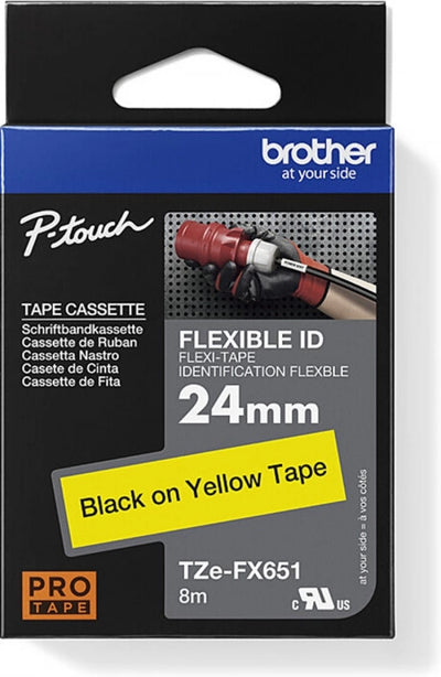 Brother TZe-FX651 Flexible ID Labelling Tape Black on Yellow 24mm x 8m