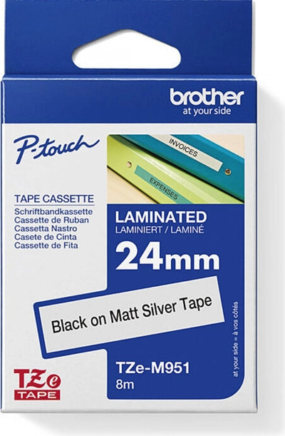 Brother TZe-M951 Matt Labelling Tape Black on Silver 24mm x 8m
