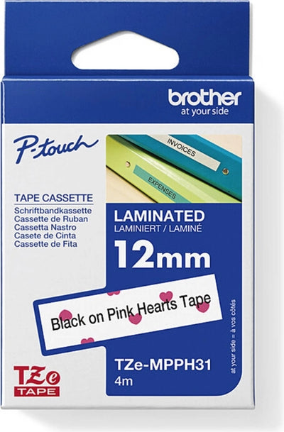 Brother TZe-MPPH31 Labelling Tape Black on Pink Hearts 12mm x 4m