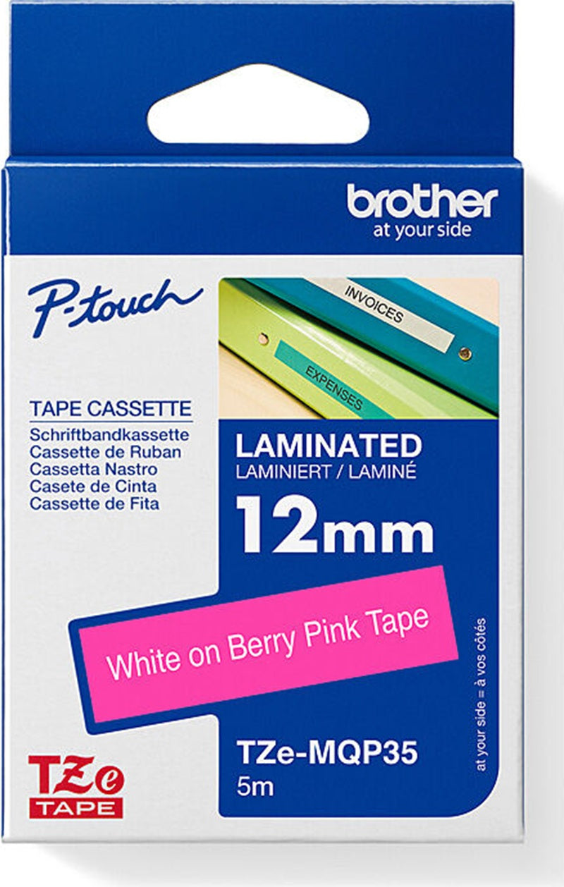 Brother TZe-MQP35 Labelling Tape White on Berry Pink 12mm x 5