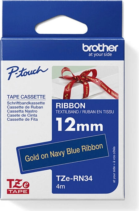 Brother TZe-RN34 Ribbon Labelling Tape Gold on Navy Blue 12mm x 4m