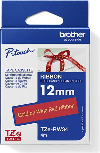 Brother TZe-RW34 Ribbon Labelling Tape Gold on Wine Red 12mm x 4m