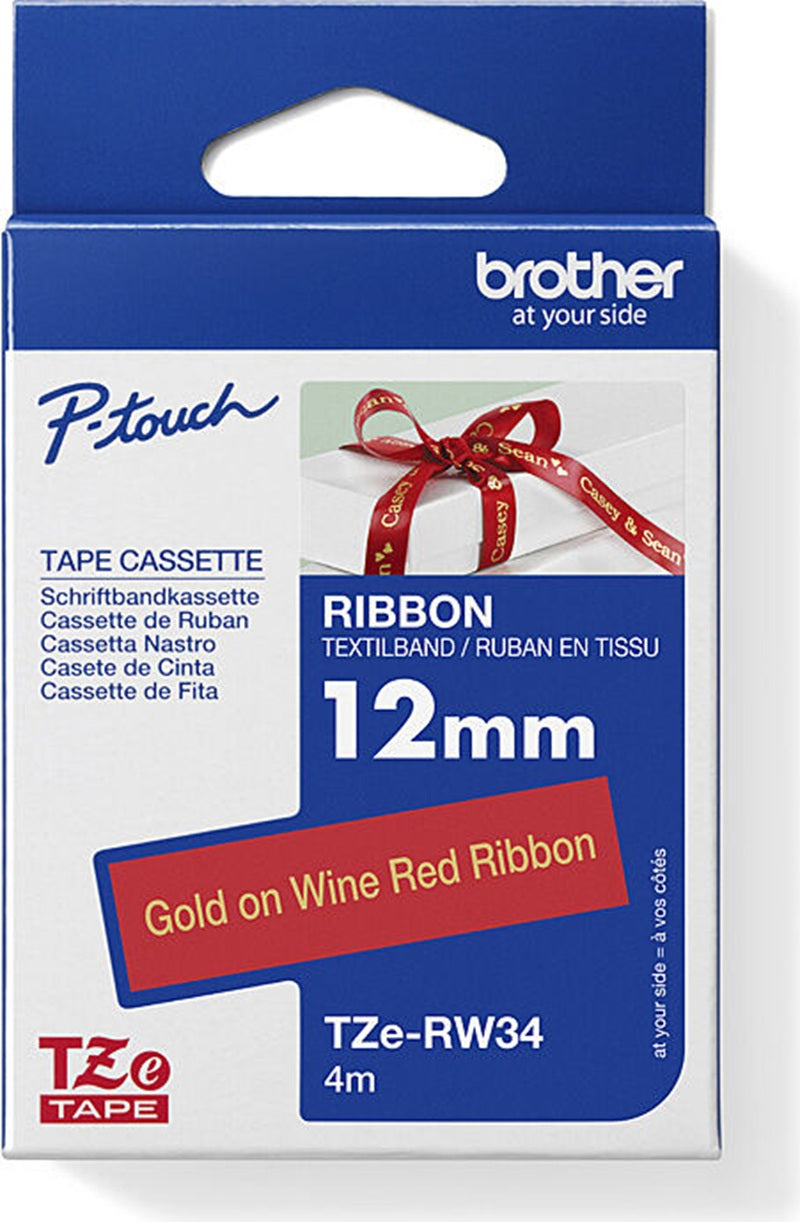 Brother TZe-RW34 Ribbon Labelling Tape Gold on Wine Red 12mm x 4