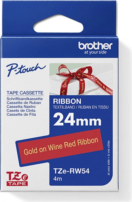 Brother TZe-RW54 Ribbon Labelling Tape Gold on Wine Red 24mm x 4m