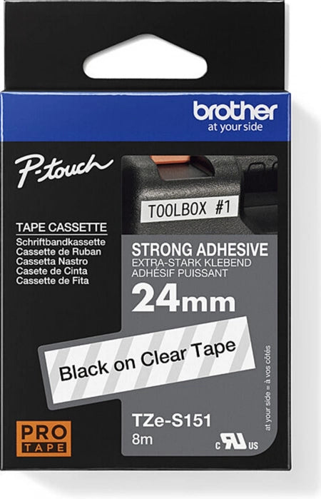 Brother TZe-S151 Strong Fix Labelling Tape Black on Clear 24mm x 8m