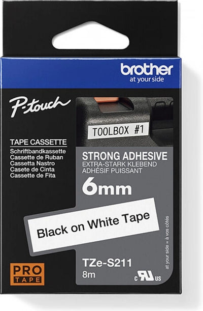Brother TZe-S211 Strong Fix Labelling Tape Black On White 6mm x 8m
