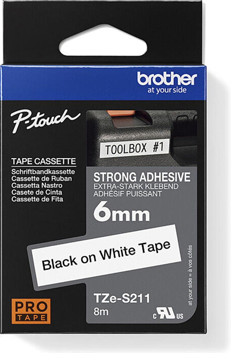 Brother TZe-S211 Strong Fix Labelling Tape Black On White 6mm x 8