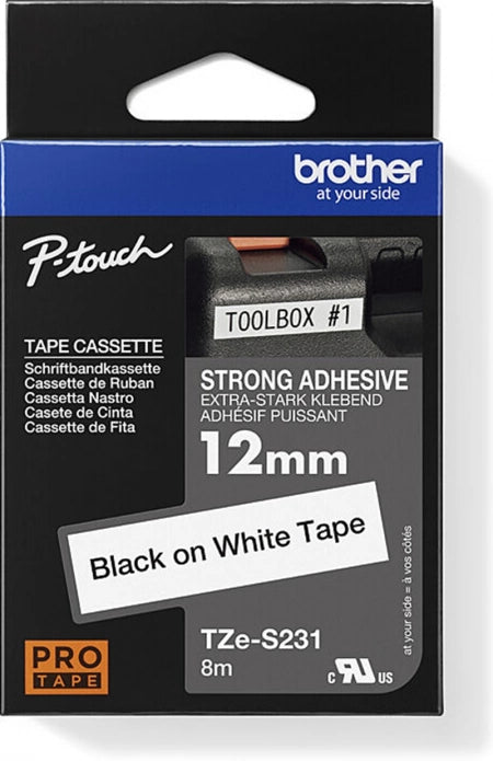 Brother TZe-S231 Strong Fix Labelling Tape Black on White 12mm x 8m