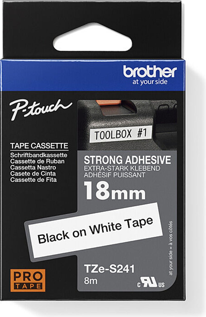 Brother TZe-S241 Strong Fix Labelling Tape Black on White 18mm x 8