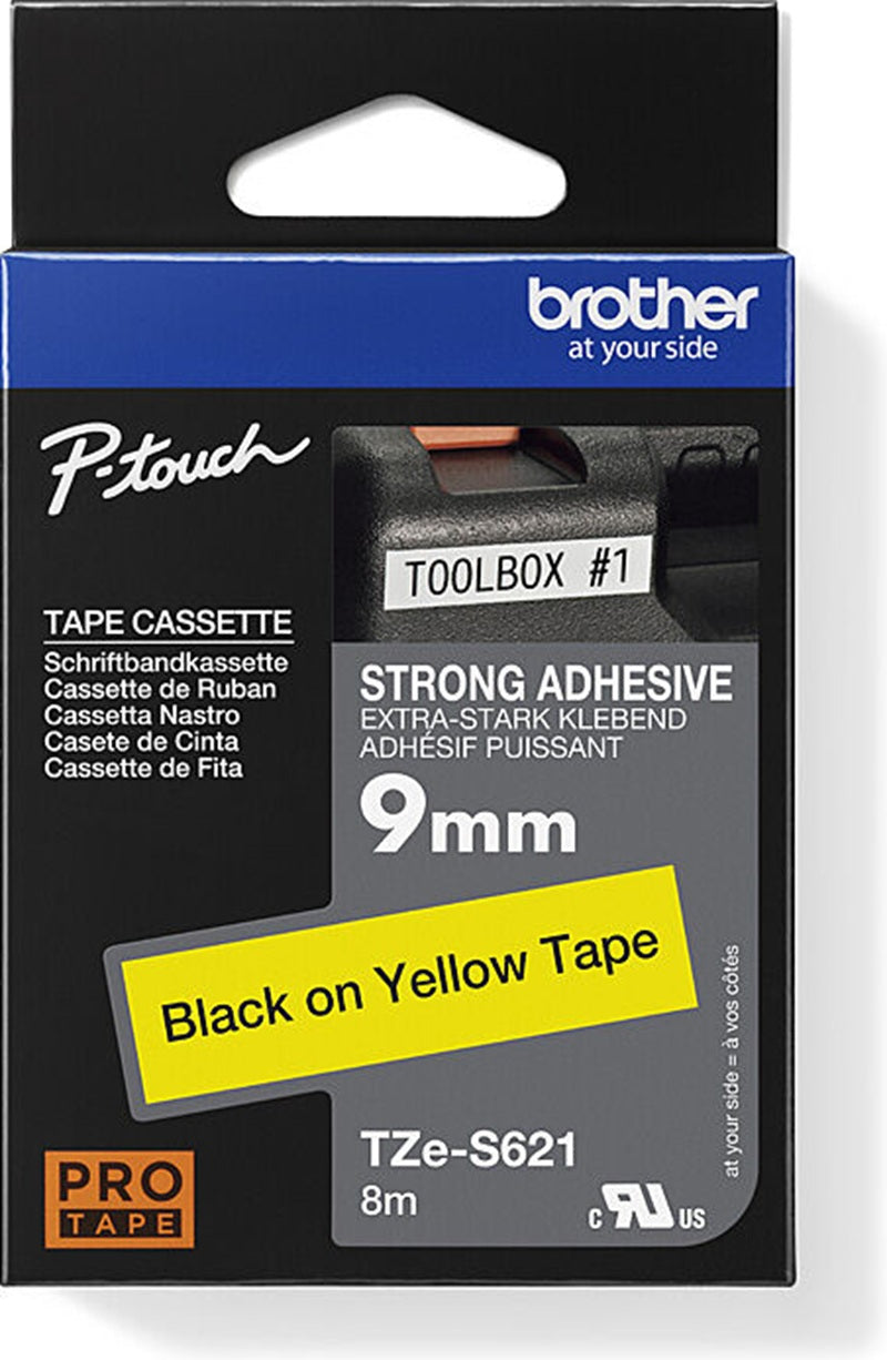 Brother TZe-S621 Strong Fix Labelling Tape Black on Yellow 9mm x 8