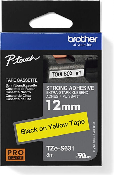 Brother TZe-S631 Strong Fix Labelling Tape Black on Yellow 12mm x 8m