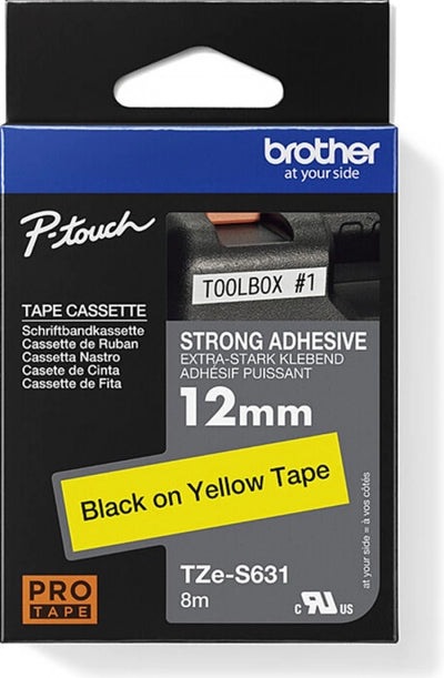 Brother TZe-S631 Strong Fix Labelling Tape Black on Yellow 12mm x 8m